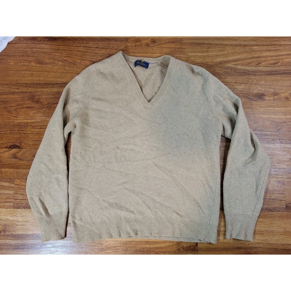 Vintage Sulka 100% Cashmere Mens Beige V Neck  Sweater Size XL